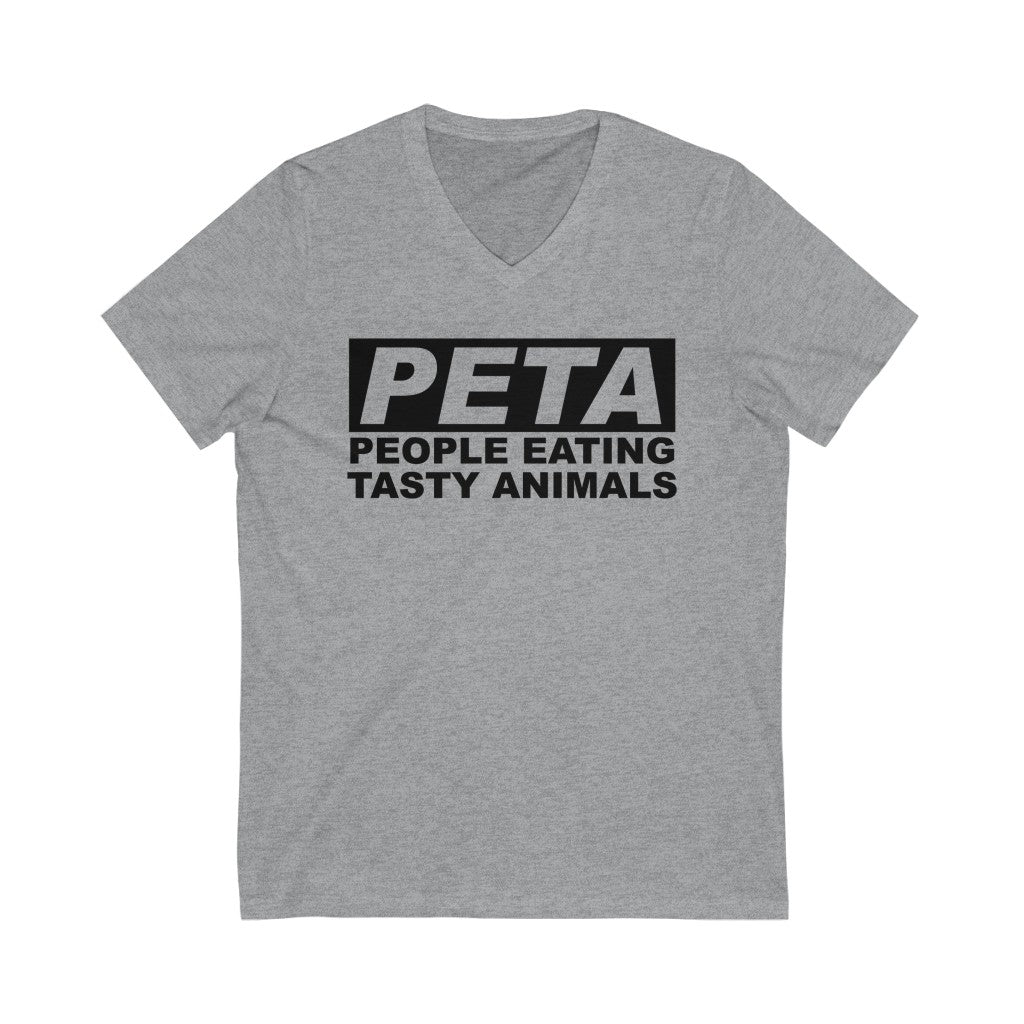 PETA- People Eating Tasty Animals Unisex V-Neck Tee Black Graphic (multiple shirt colors)