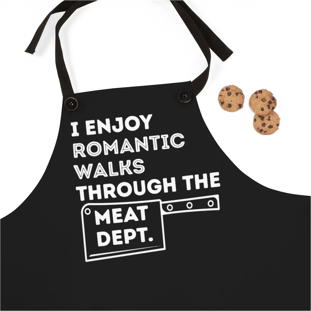 Apron- I enjoy romantic walks through the meat department (Black Apron with White Center Graphic)